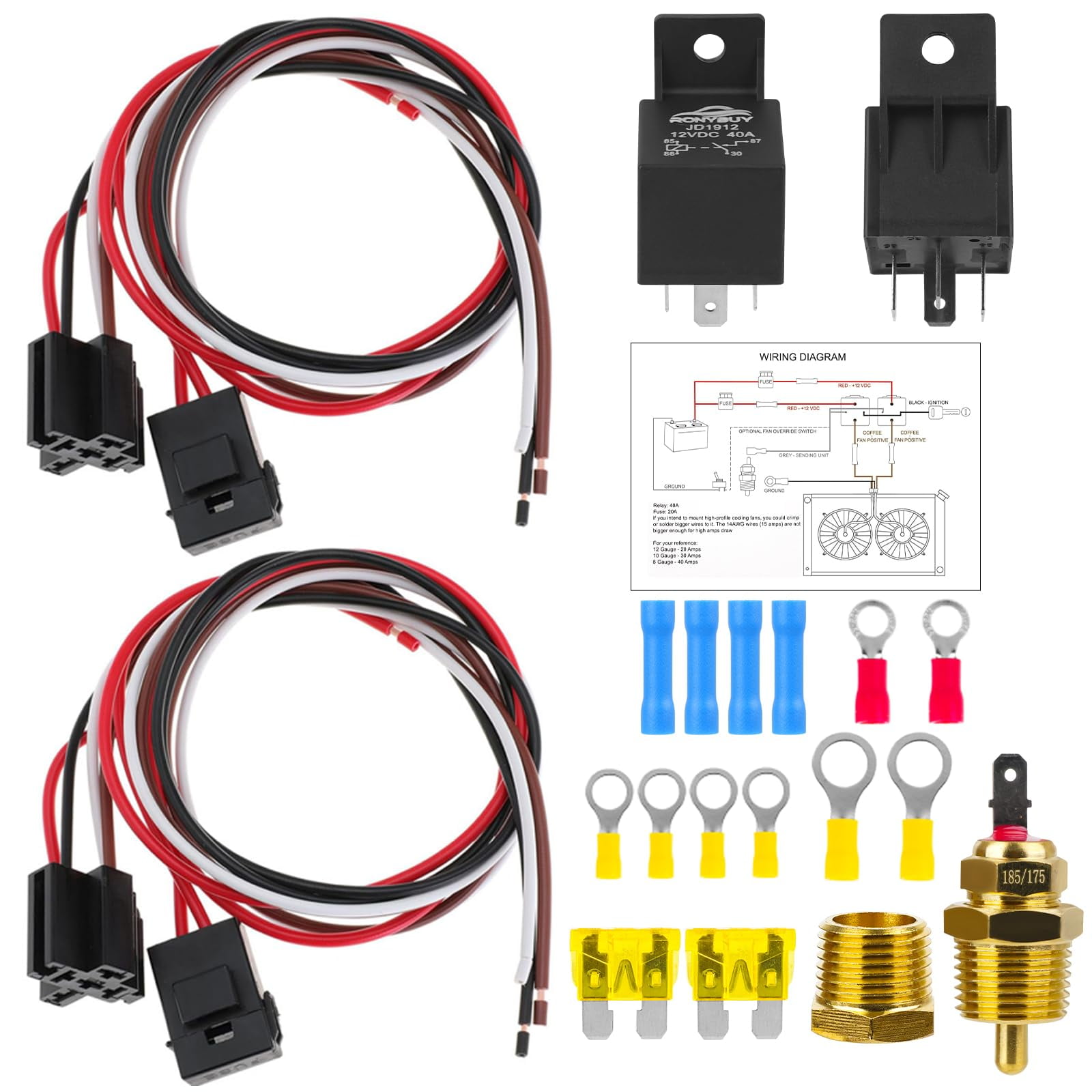 Ronybuy Dual Electric Fan Relay Kit 40 AMP Relay Thermostat Switch Kit ...
