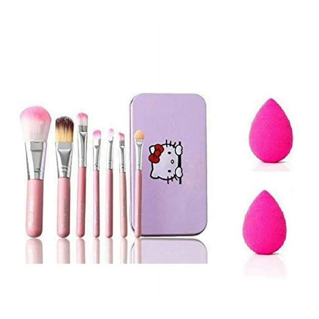 Ronzille Hello Kitty Complete Makeup Brush Kit with a Storage Box Set of 7 Pieces + 2 Sponge Puff (Pink)