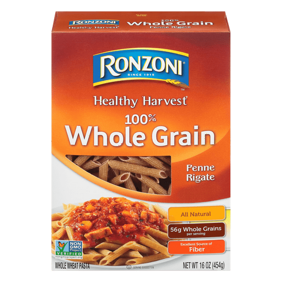 Ronzoni Healthy Harvest Whole Grain Penne Rigate, 16 oz, Whole Wheat Pasta, (Shelf Stable) Box