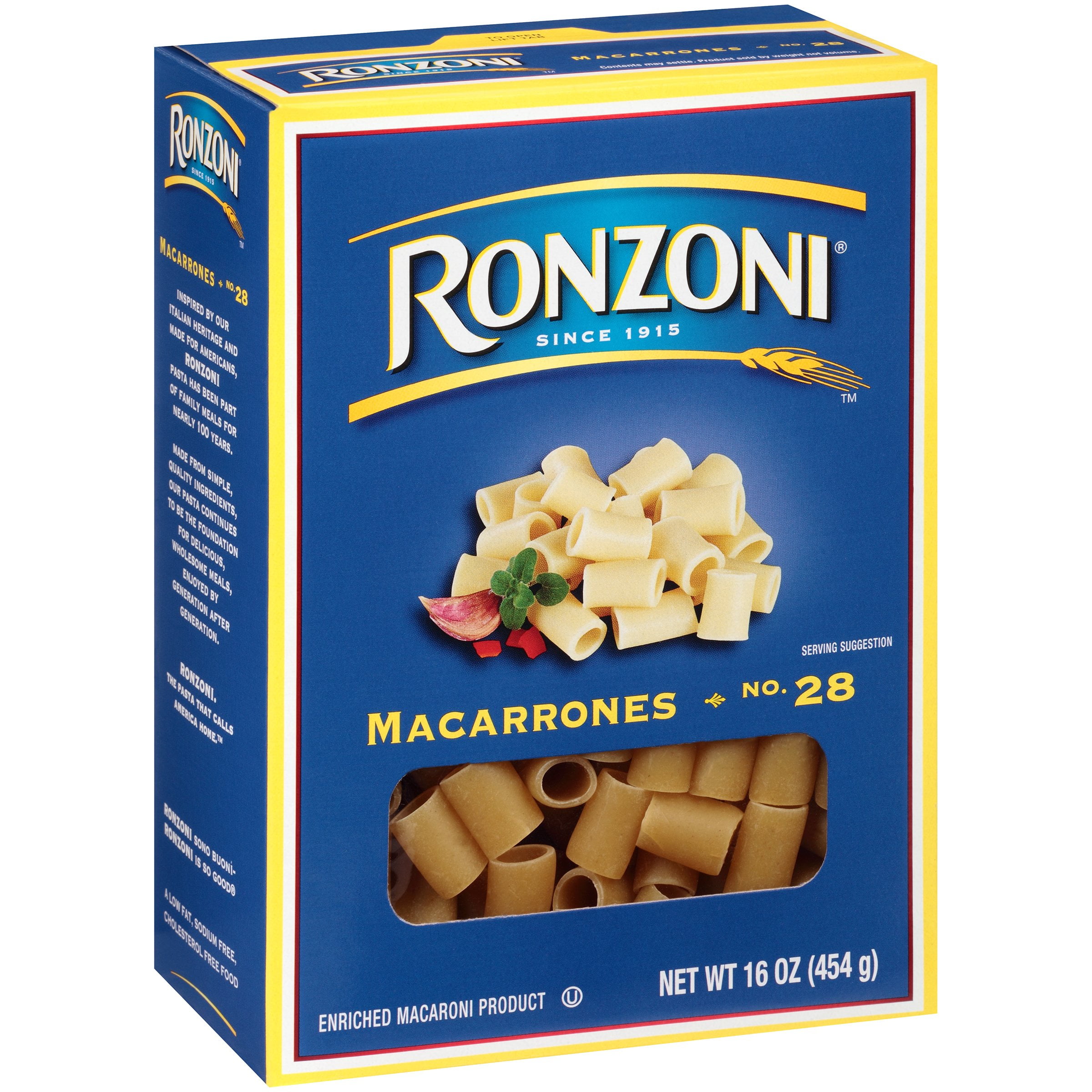 Ronzoni Macarrones No. 28 Pasta, 16 oz, Shelf Stable, Cardboard Box