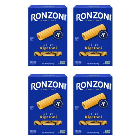 Ronzoni Rigatoni Pasta 16 oz Large Ribbed Tubes Non-G 4-Pack (4 packages)