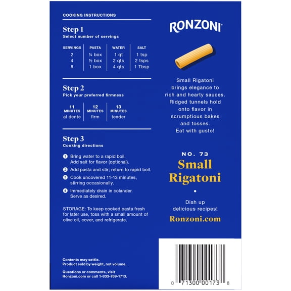 Ronzoni Rigatoni Pasta 16 oz Large Ribbed Tubes Non-G 4-Pack (4 packages)