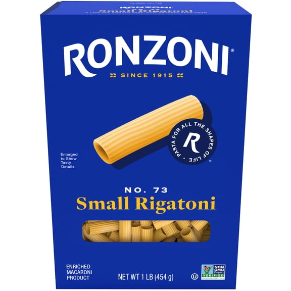 Ronzoni Small Rigatoni, 16 oz, Ribbed Tubular Pasta, Non-GMO, (Shelf Stable)