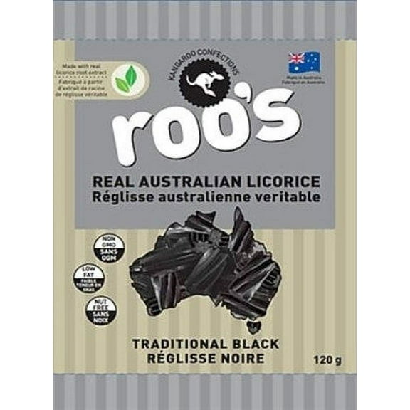 Roo's Australian Licorice Candy, Traditional Black, 120g/4.2oz