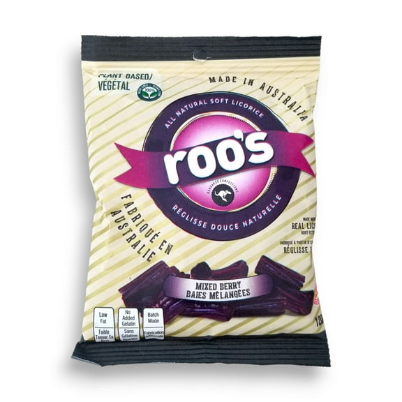 Roo's Australian Plant Based, All Natural Soft Licorice, Mixed Berry Flavor, 120g/4.2oz., Bag