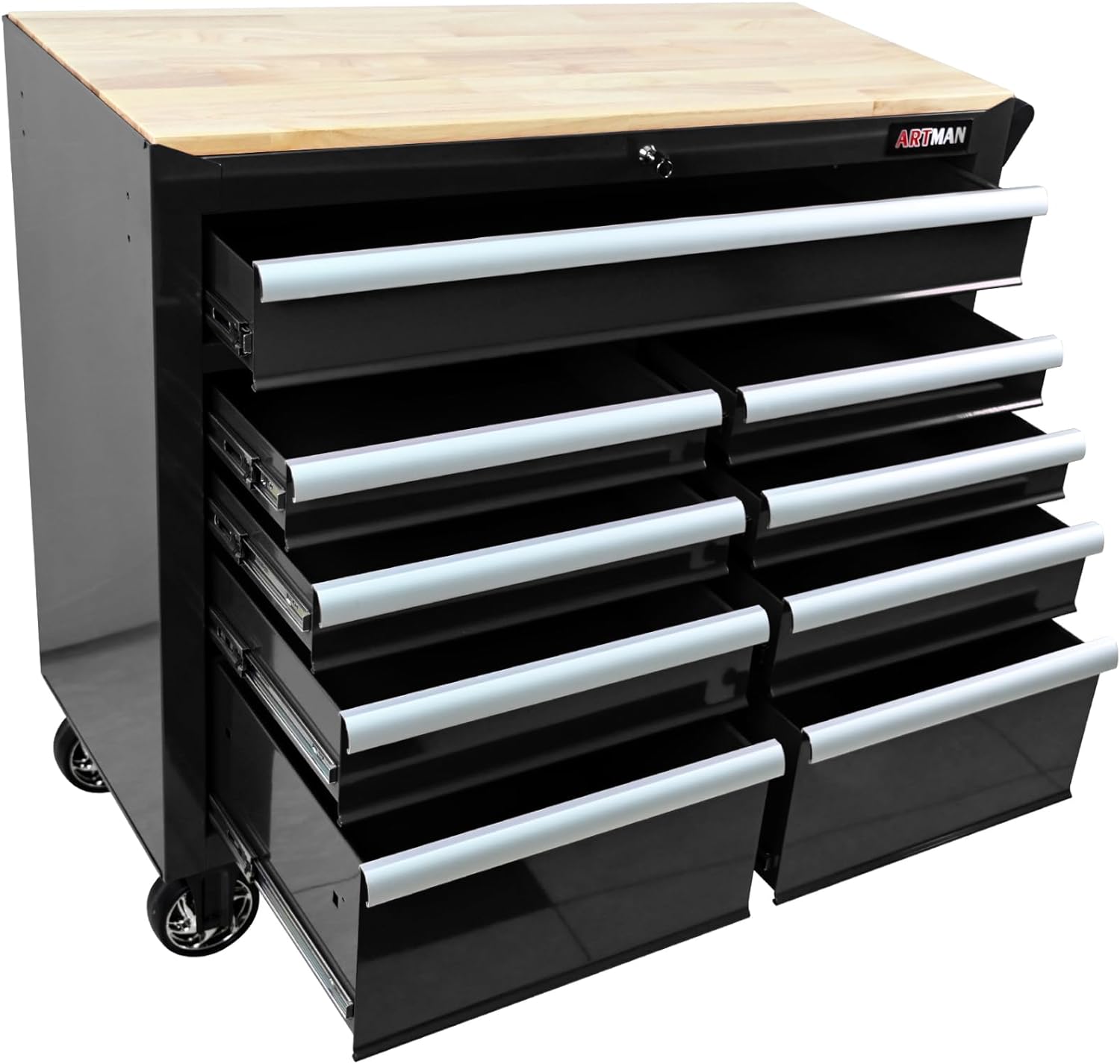 RooRuns 9 Drawers Rolling Tool Chest with Wheels, Wood Top Tool Box