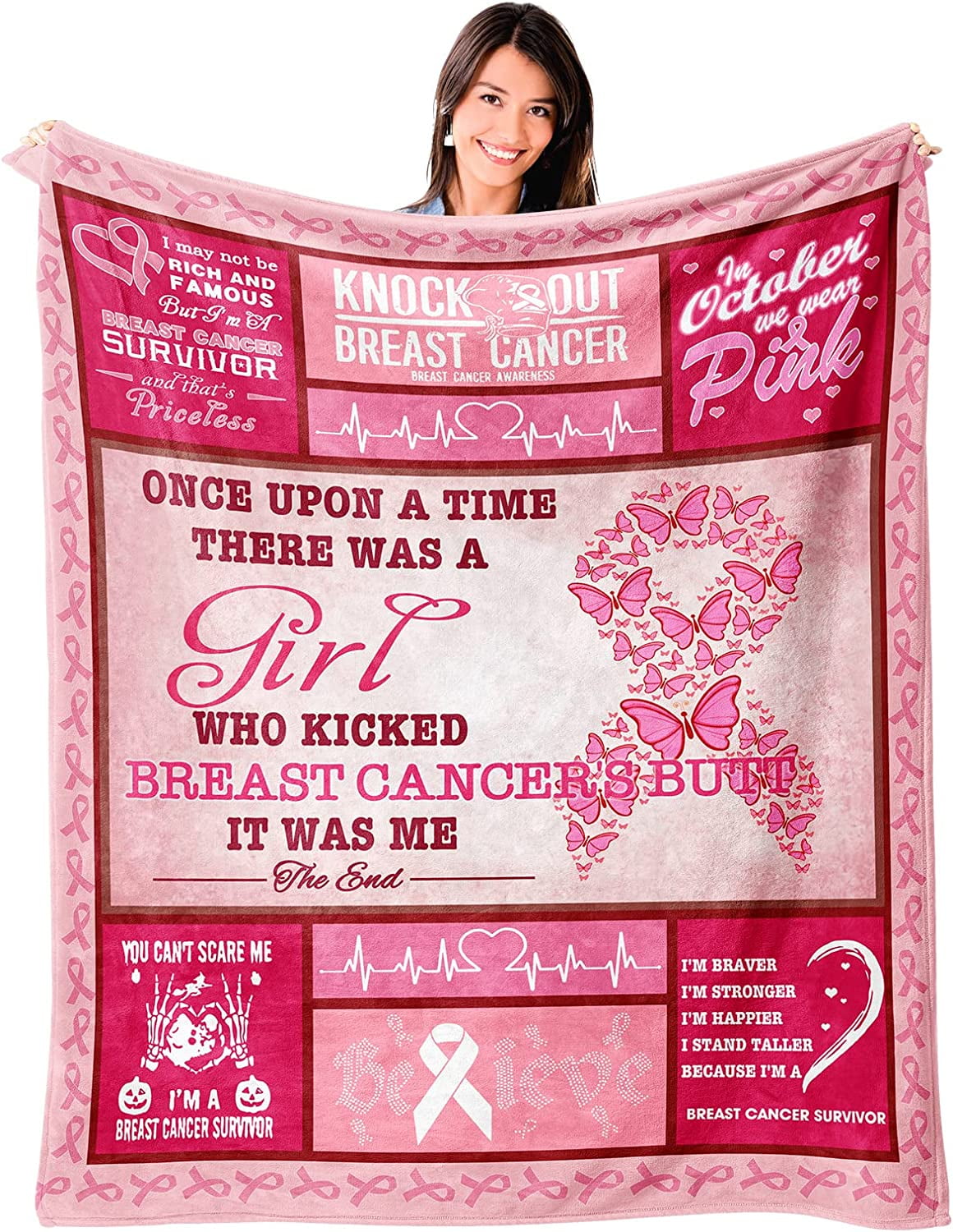 RooRuns Breast Cancer Awareness Blanket, Breast Cancer Survivor Gifts