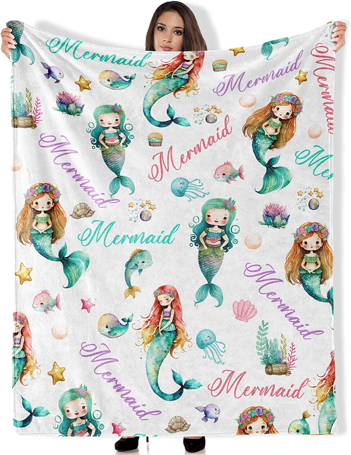 RooRuns Custom Mermaid Throw Blanket Gifts, 50”x40” Warm Cozy Soft