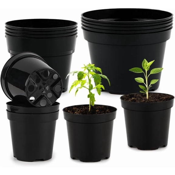 RooTrimmer 4/6/8 Inch Black Plant Nursery Pots, 15 Pack, Thickened Plastic with Drainage Holes, Indoor/Outdoor