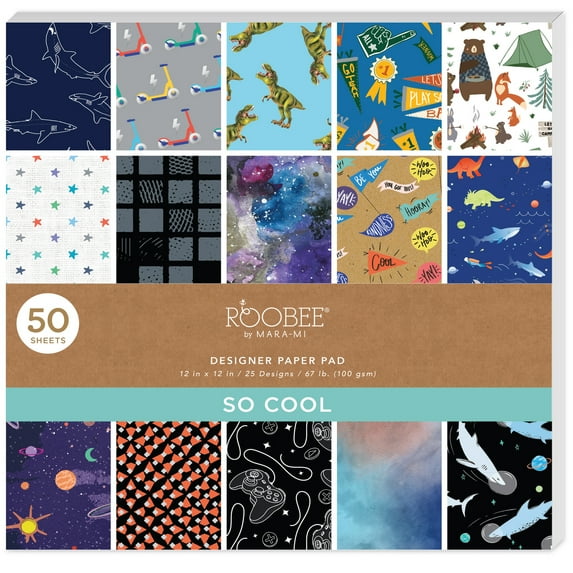 Roobee by Mara-Mi Dinosaur and Shark Scrapbook Paper 12" x 12" - 24 lb/ 100 GSM, 50 sheets