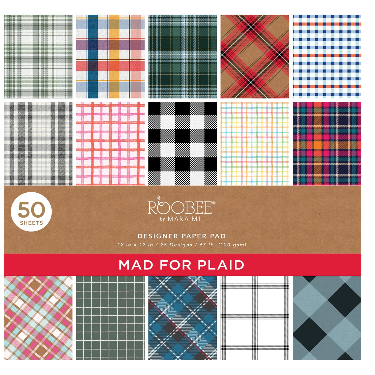Roobee by Mara Mi Multicolor Plaid Paper Pad, 50 Sheets with 25 Designs