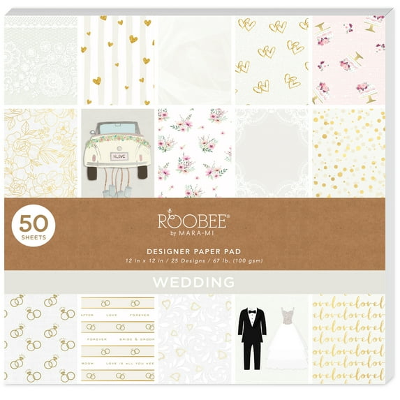 Roobee by Mara-Mi White Wedding Day Paper Pad 12" x 12" - 24 lb/ 100 GSM, 50 Sheets