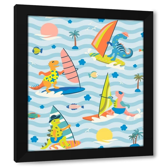 Roochita Chachra 15x17 Black Modern Wood Framed Wall Art Titled - Dinosaurs on a vacation Wind Surfing