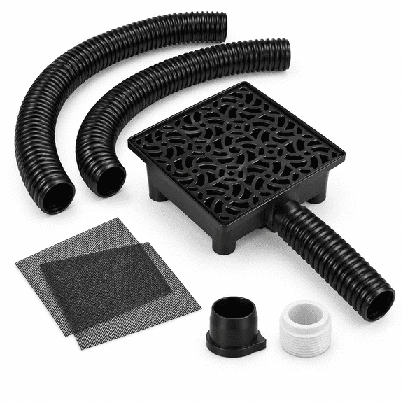 Roof Gutter Downspout Extension Kit, Black 12x12in Catch Basin with Two 8ft Pipes, Low Profile Drainage System