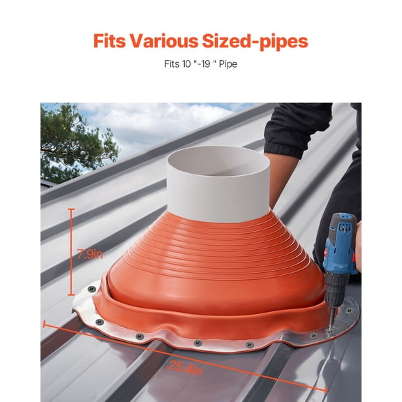 Roof Pipe Flashing Boot, Fit Pipe OD 10" to 19", Flexible Silicone Roofing Jack Pipe Flashing, High Temp -101 Fahrenheit to 437 Fahrenheit, Lasting Round Red Metal Base