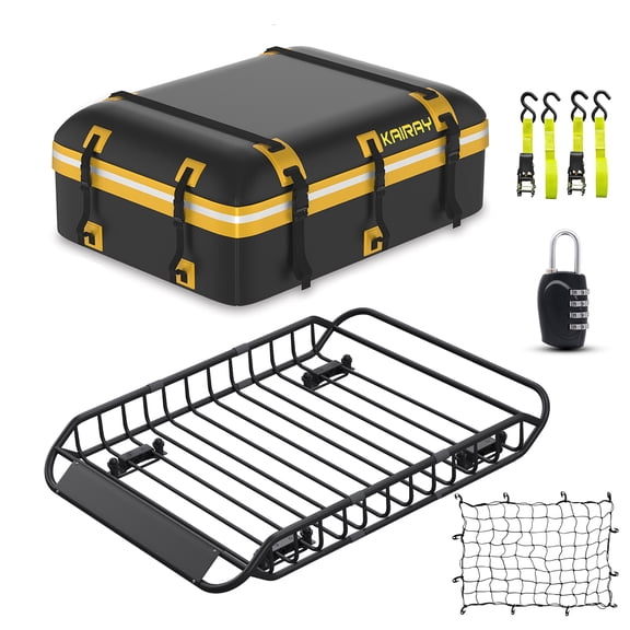 Roof Rack Cargo Basket 50"(L) x 36"(W) x 5.1"(H) Extendable Universal Rooftop Luggage Carrier for Truck Cars SUV with Waterproof Cargo Bag, Cargo Net, Ratchet Straps & Outdoor Combination Lock