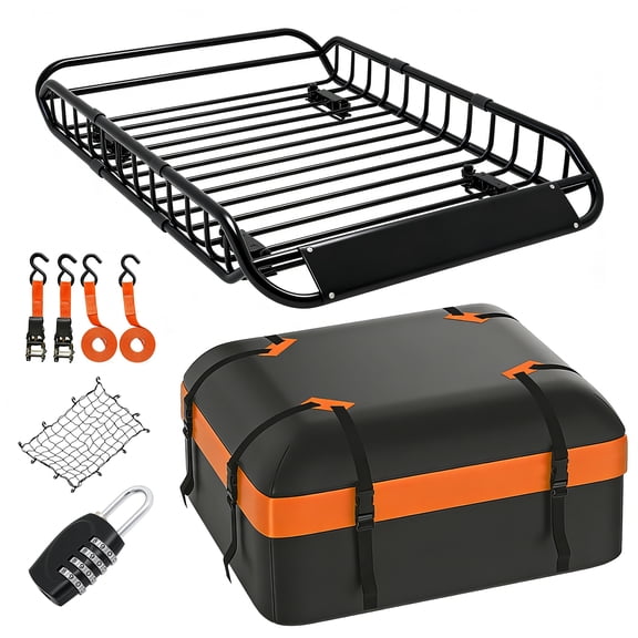 Roof Rack Cargo Basket 50"(L) x 36"(W) x 5.1"(H) Extendable Universal Rooftop Luggage Carrier for Truck Cars SUV with Waterproof Cargo Bag, Cargo Net, Ratchet Straps & Outdoor Combination Lock