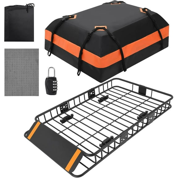Roof Rack Cargo Basket 51" x 36" x 5" + Waterproof Cargo Bag 15 Cubic Feet, with Waterproof Cargo Bag, Outdoor Combination Lock, 200 LBS Capacity Universal Rack Carrier for SUV, Truck