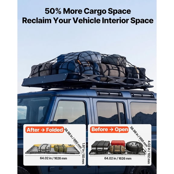 Roof Rack Cargo Basket, 64 x 39 x 4 in, Heavy Duty Roof Top Carrier Basket with Folding Design, 200 lbs Capacity, All-Weather Easy-Install Car Top Luggage Holder, Universal Fit for SUV Truck Car