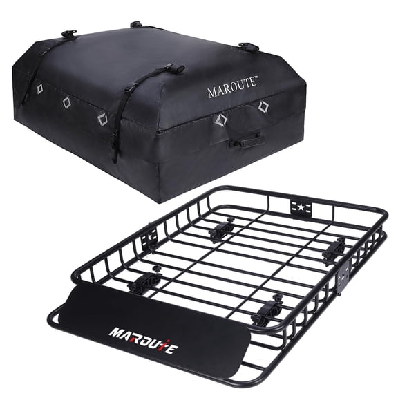 Roof Rack Cargo Basket with Waterproof Cargo Bag, 15 cu ft Rooftop Cargo Carrier, Heavy Duty Steel Car Roof Rack Carrier with Wind Fairing, Anti-Rust, U-Bolt Mount, for SUV Truck