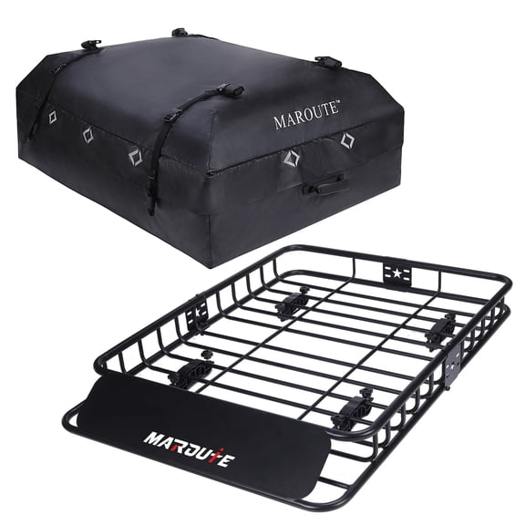 Roof Rack Cargo Basket with Waterproof Cargo Bag, 15 cu ft Rooftop Cargo Carrier, Heavy Duty Steel Car Roof Rack Carrier with Wind Fairing, Anti-Rust, U-Bolt Mount, for SUV Truck