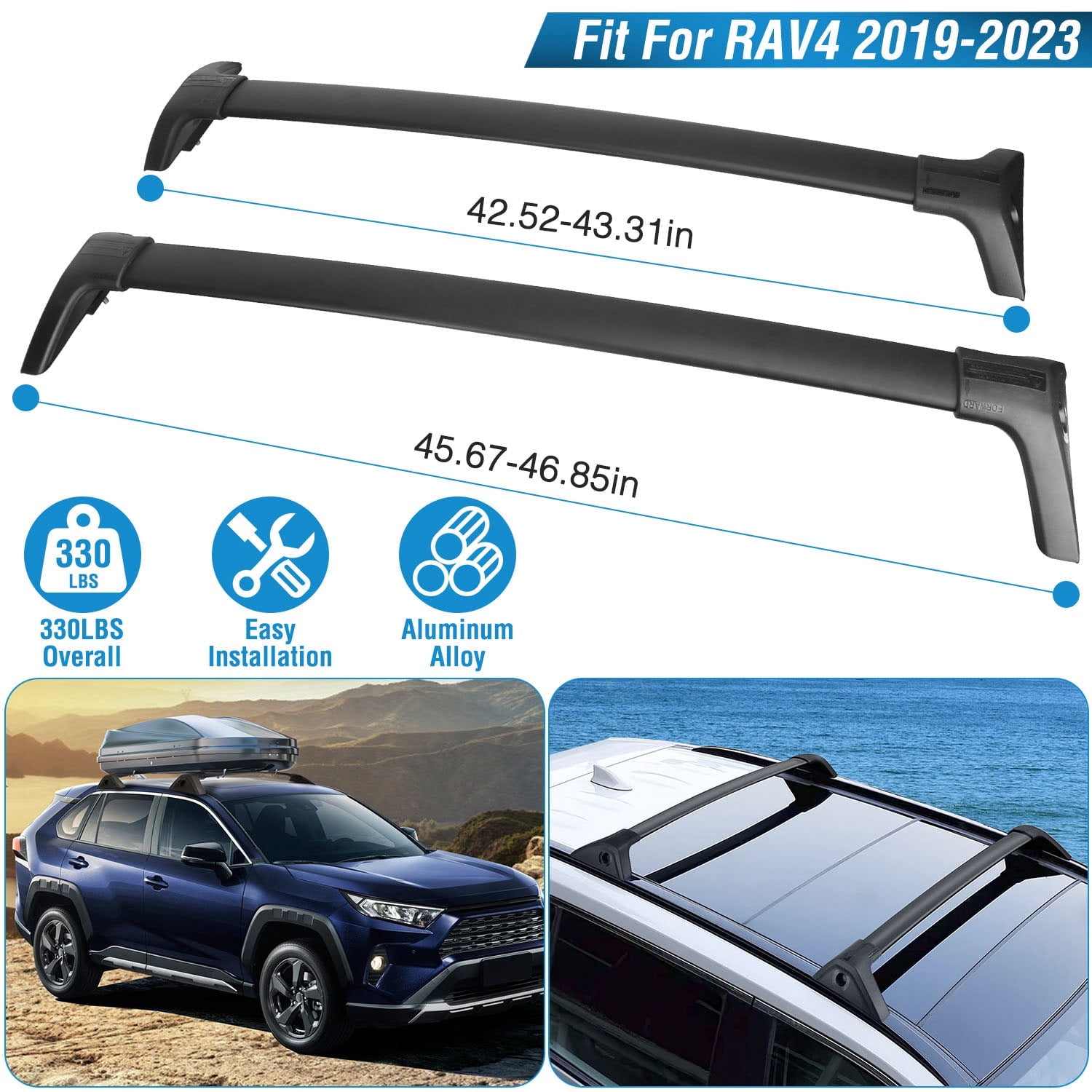 Roof Rack Cross Bars Compatible for Toyota RAV4 2019 2023 TeqHome High Grade Heavy Duty Aluminum Alloy Cargo Carrier Rooftop Rack with Side Rails for Cargo Carrier Bag Kayak Bike Set of 2 Black