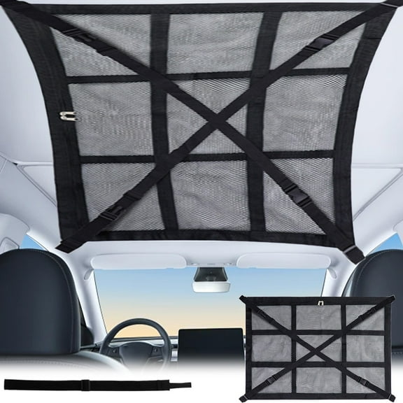 Roof Storage Net for SUV Car Interior | Mesh Roof Organizer Bag | Overhead Luggage Holder | Durable Fabric | Double Zipper Pockets | 70x50cm | 1 Pack