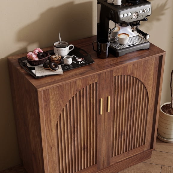 Roofar 31.5" Buffet Sideboard Cabinet Fluted Coffee Bar Cabinet with Storage Adjustable Shelves, Spacious Tabletop, Enclosed Base, Ideal for Dining Room, Living Room and Entryway, Walnut