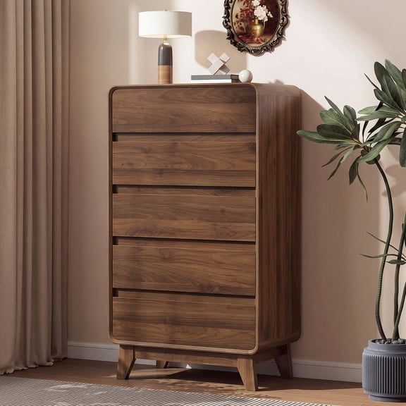 Roofar 5-Drawer Dresser for Bedroom, 48"H Tall Wood Chest of Drawers with Curved Design, Mid Century Vertical Storage Cabinet for Bedroom, Living Room & Entryway, Walnut