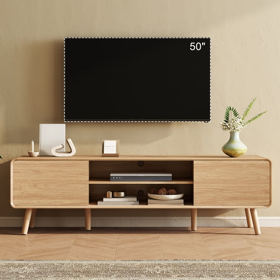 Roofar 70" Mid Century Modern Open-Shelf TV Stand for TVs up to 80", TV Console Entertainment Center for Living Room,Bedroom,Oak