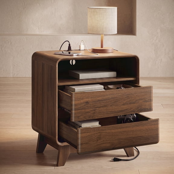Roofar Bedroom Nightstand, 2-Drawer Wood Nightstand with Charging Station, Round Corner Bed Side Table, Walnut