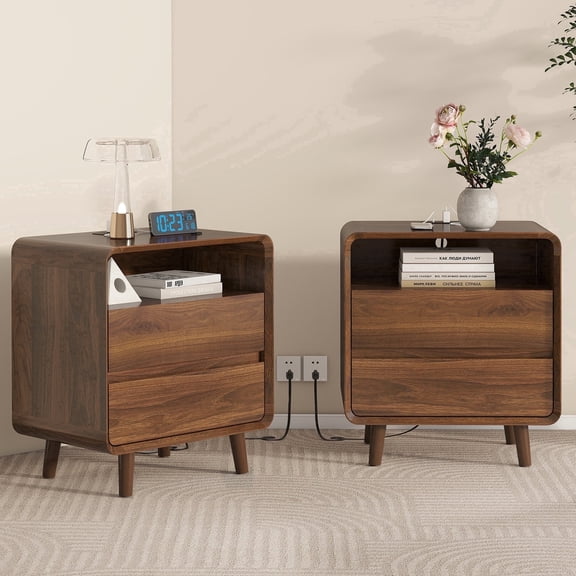 Roofar Bedroom Nightstand Set of 2, 2-Drawer Wood Nightstand with Charging Station, Round Corner Bed Side Table Set of 2, Walnut