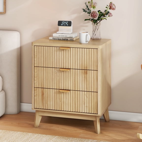 Roofar Fluted Nightstand with 3 Wooden Drawers, Single 24" Wide Mid Century Modern Bedside Table with Metal Handle for Bedroom, Nature