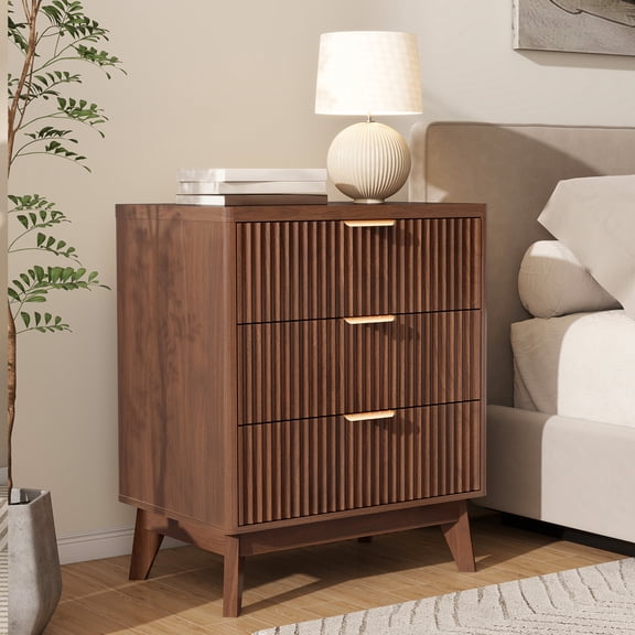Roofar Fluted Nightstand with 3 Wooden Drawers, Single 24" Wide Mid Century Modern Bedside Table with Metal Handle for Bedroom, Walnut