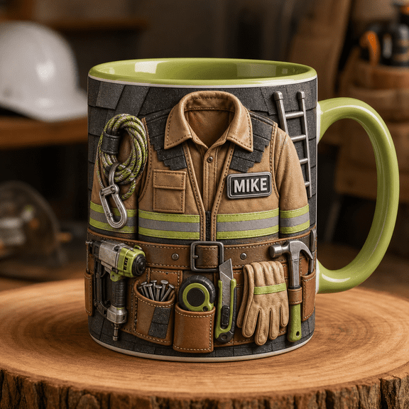 Roofer Dad Accent Mug Custom Father’s Day Gift with Ladder Nail Gun Safety Harness Design