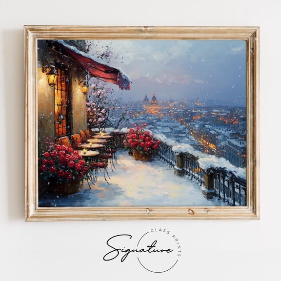 Rooftop Cafe in Winter, Romantic Snowy Scene, Rustic Valentines Wall Art, Cottage Terrace Decor 3575 Unframed Paper Print