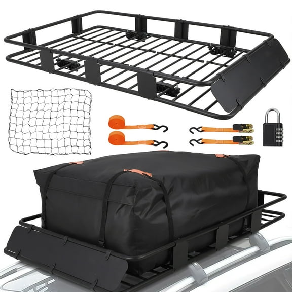Rooftop Cargo Basket 64" x 39" Steel Universal Roof Rack Basket with Cargo Carrier Bag,Roof Rack Accessories,Adjustable to 48"x 39",200 LBS Capacity,Car Roof Basket for SUV, Truck,Vehicle