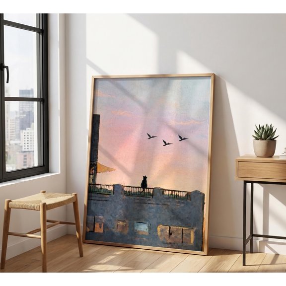 Rooftop Cat Print , Black Cat Wall Art, Sunset Cityscape Poster, Vintage Cat , Pastel Sunset Decor, Nostalgic Feline Art , Poster Print Only