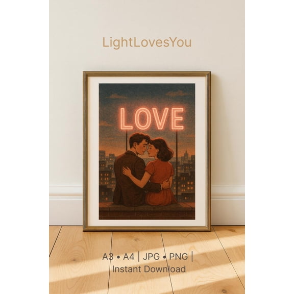 Rooftop Romance Poster | Neon Love Sign | Valentine's Day | Cityscape | Anniversary Wall Art, Unframed Paper Poster 16x20in