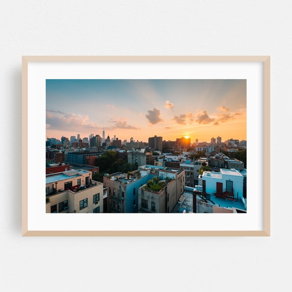 Rooftop Views, East Village 02 - Manhattan New York Photography Cityscape Sunset Skyline Architecture Scenic Travel Poster Oak Framed Wall Art Print 5 x 7 inches