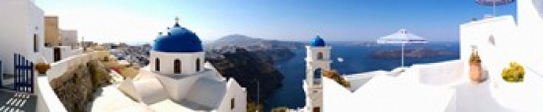 Rooftop view of buildings at the waterfront Santorini Greece Canvas Art - Panoramic Images (24 x 5)
