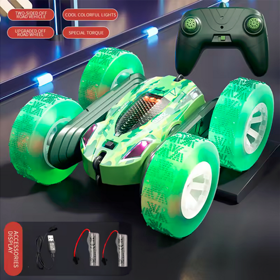 Roofworld 2.4G RC Stunt Cars Double Sided Flip Remote Control 360 Rotation off Road Rc Drift Green