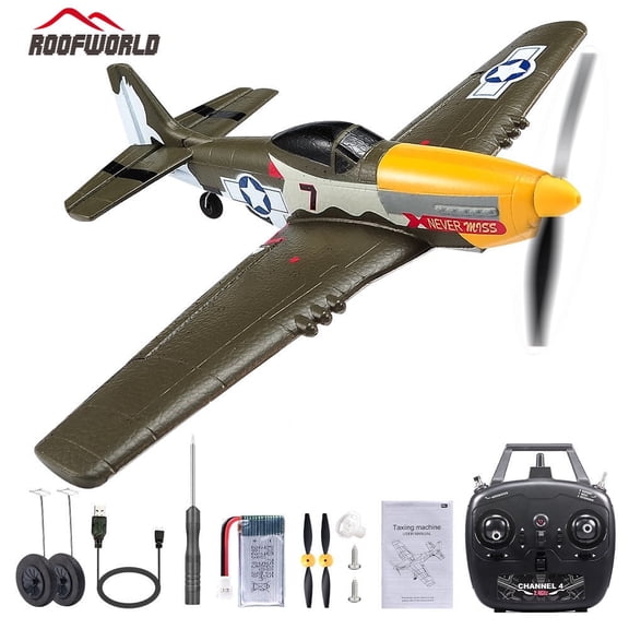 Roofworld RC Plane P51D Mustang RC-Fighter 4 Channel Remote Control Airplane with 6-Axis Gyro System, 1 Pack