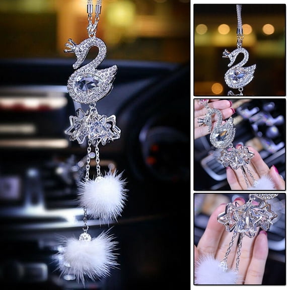 Rooha Car Ornament Rhinestone Swan Plush Ball Pendant Auto Interior Accessories Artificial Crystal Rear View Mirror Hanging Decorative