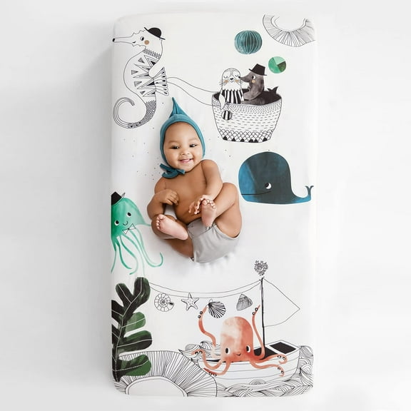 Rookie Humans 100% Cotton Sateen Fitted Crib Sheet: Underwater Love. Modern Nursery, Use as a Photo Background for Your Baby Pictures. Standard Crib Size (52 x 28 inches) Ocean Themed Baby Crib Sheet