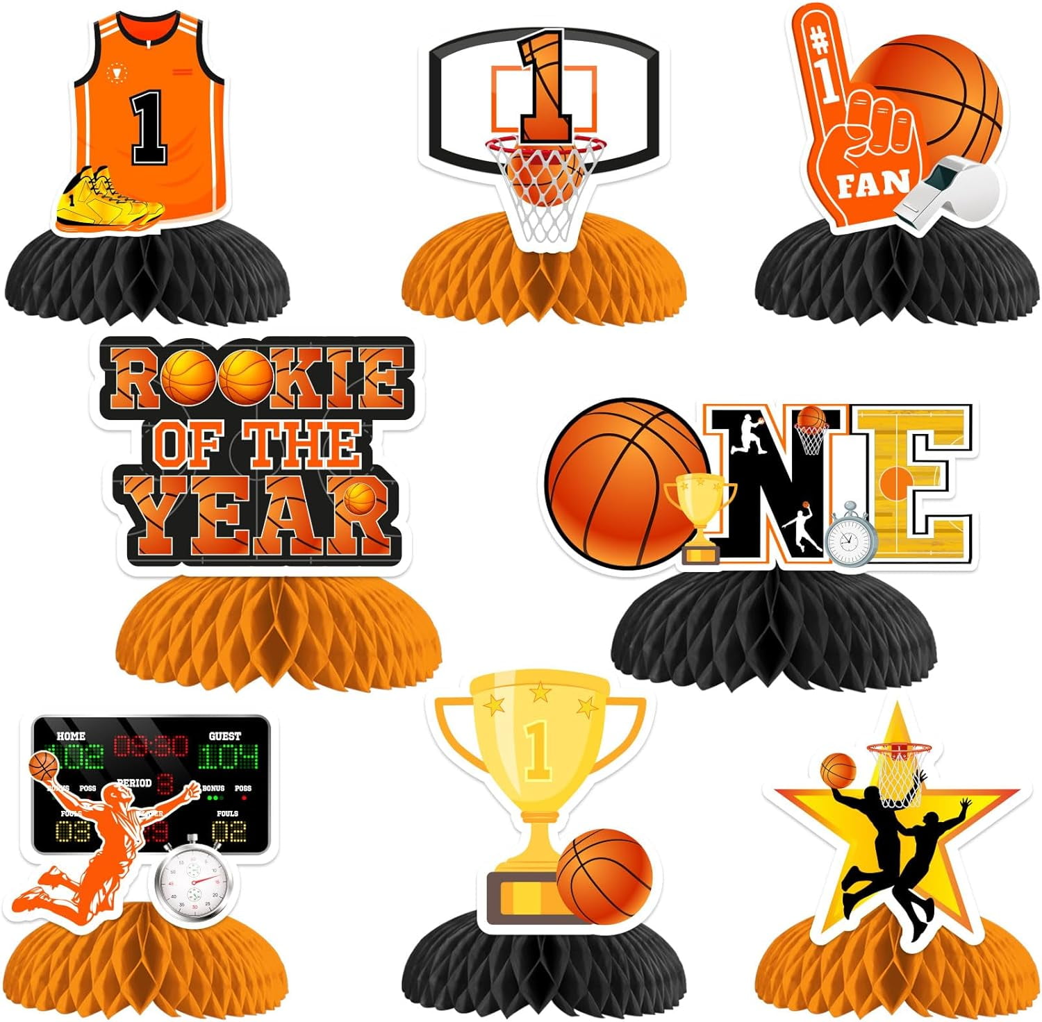 Rookie of The Year 1st Birthday Decorations, 8Pcs Basketball 1st Birthday Decorations Honeycomb Centerpiece Table Decoration for Boy Basketball Sport Theme Party Decoration