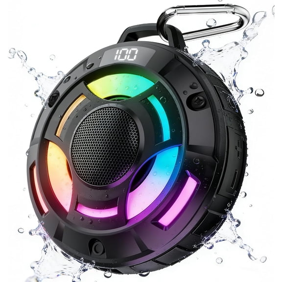 Room 1 Portable Bluetooth Speaker, 12W JIKE BASS Low Up Sound, IPX7 Waterproof, Bluetooth 5.4, 15H Playtime, LED Power Display, RGB Lights, for Pool, Beach, Camping(Black)