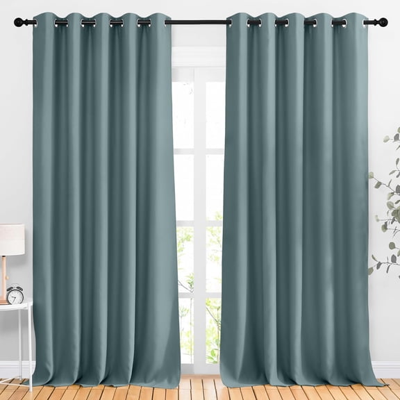 Room Darkening 118 Inch Long Curtains, Grommet Thermal Weighted Room Divider Wide Window Treatments, Greyish Blue, 2 Panels, 66"W x 118"L