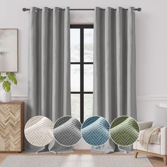 Room Darkening Curtains for Bedroom Herringbone Curtains 96 Inch Length for Living Room, Modern Farmhouse Curtains Window Treatment Drapes Grommet Top 2 Panels Light Grey