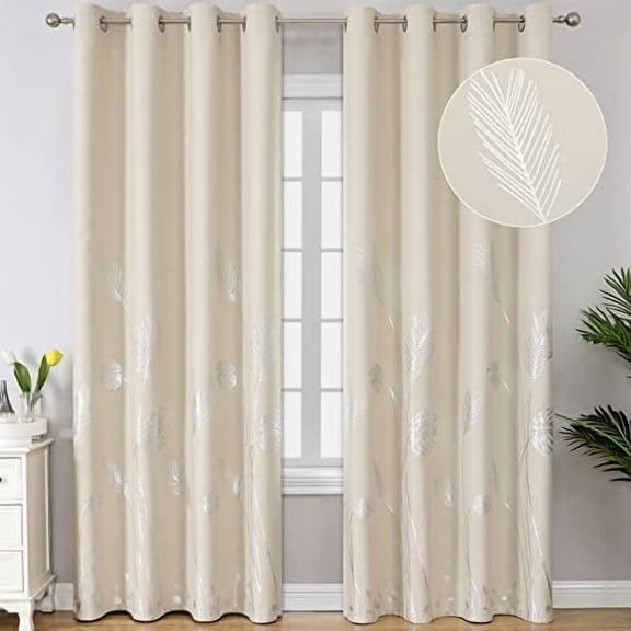Room Darkening Curtains White Window Curtains 84 Inches Length 2 Panels Thermal Insulated Grommet Blackout Drapes with Silver Palm for Dining Room Sliding Door, 52Wx84L, Cream Beige